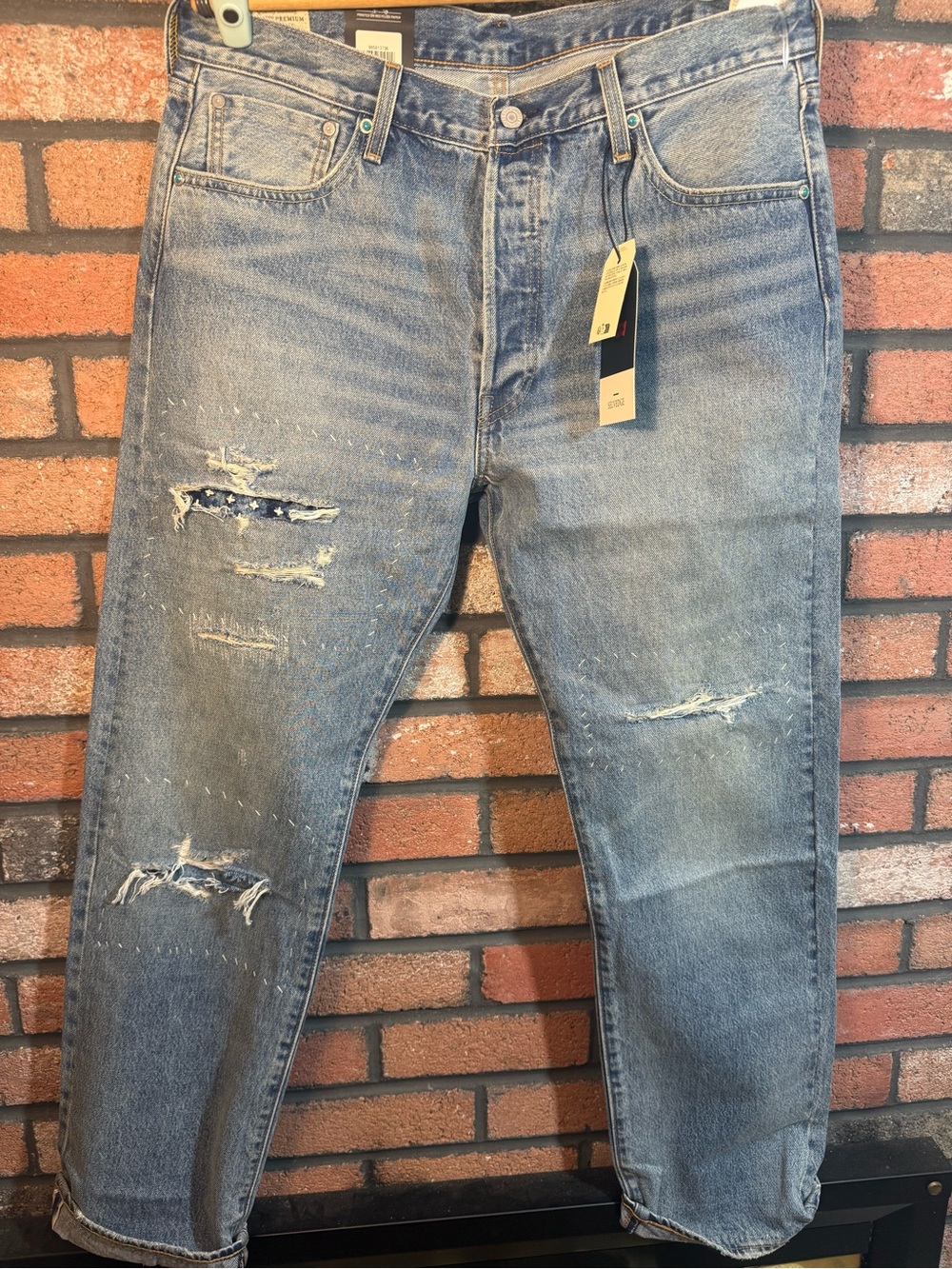 Levi's Premium 501 Original Fit Selvedge Jeans Blue Distressed 36x32